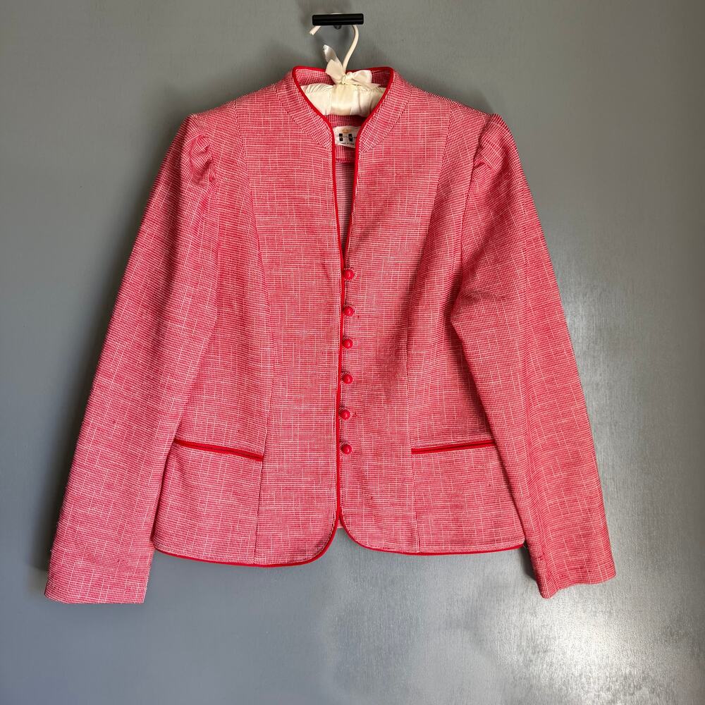 Vintage MARTI GUTMACHER Women's Small Red Check Textured Girly Blazer Retro 60's